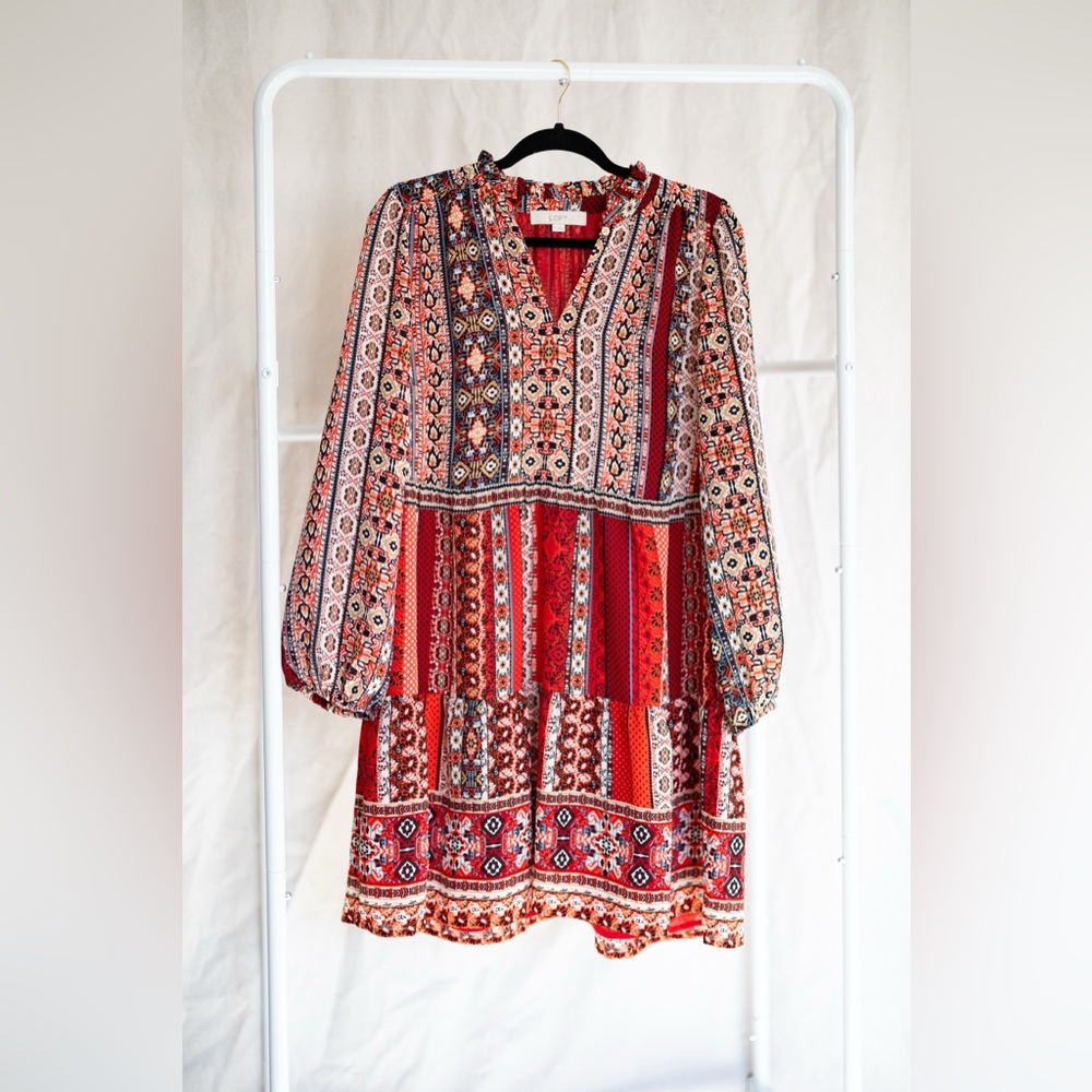 LOFT Red & Multicolor Patterned Mini Dress